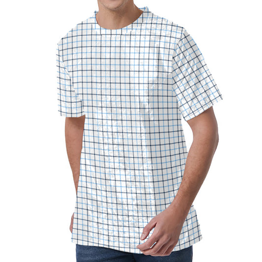 White And Blue Tattersall Pattern Print Men's Velvet T-Shirt
