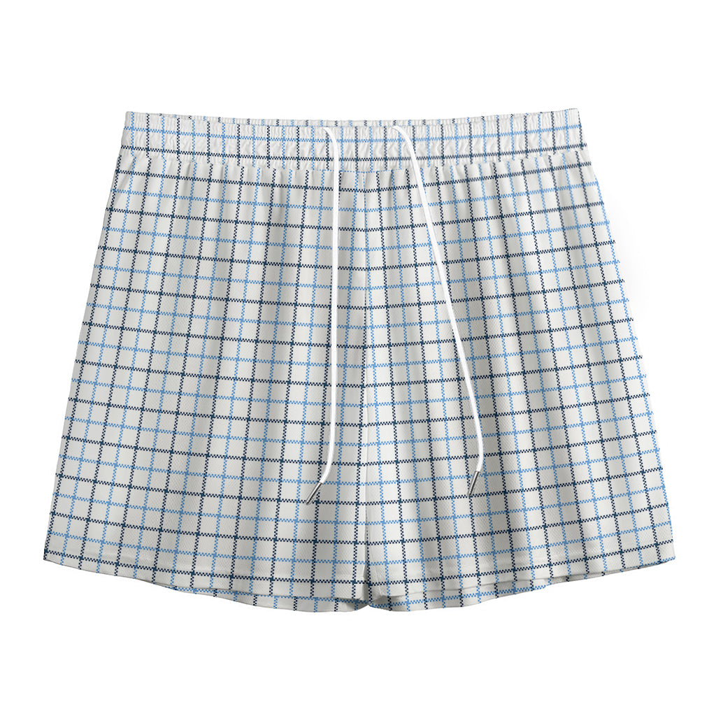 White And Blue Tattersall Pattern Print Mesh Shorts