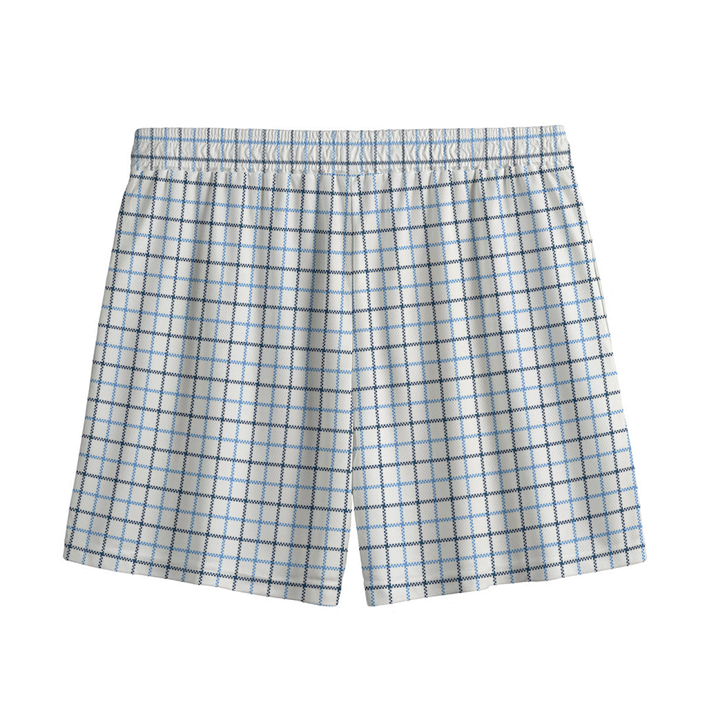 White And Blue Tattersall Pattern Print Mesh Shorts