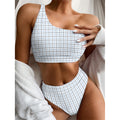 White And Blue Tattersall Pattern Print One Shoulder Bikini Set