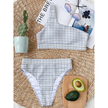 White And Blue Tattersall Pattern Print One Shoulder Bikini Top