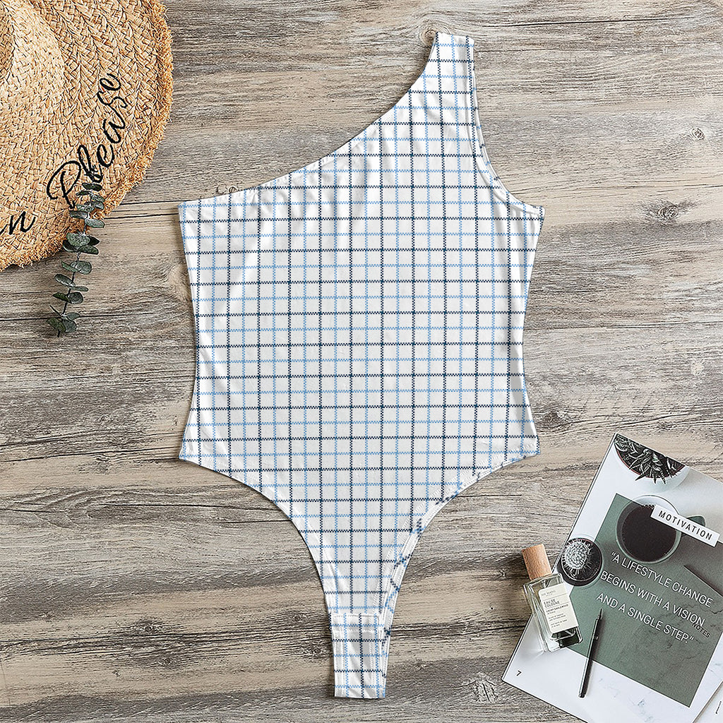 White And Blue Tattersall Pattern Print One Shoulder Bodysuit