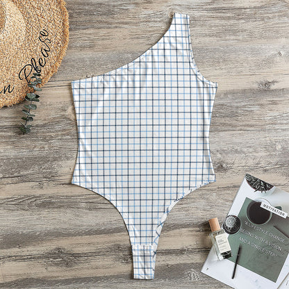 White And Blue Tattersall Pattern Print One Shoulder Bodysuit