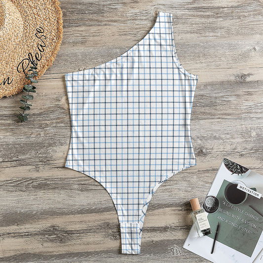 White And Blue Tattersall Pattern Print One Shoulder Bodysuit