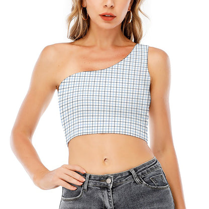 White And Blue Tattersall Pattern Print One Shoulder Crop Top