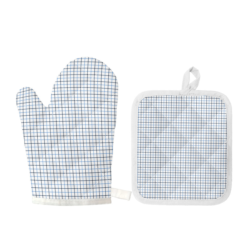 White And Blue Tattersall Pattern Print Oven Mitt And Pot Holder Set