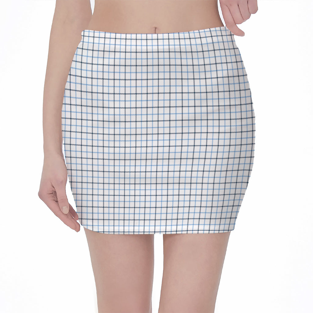 White And Blue Tattersall Pattern Print Pencil Mini Skirt