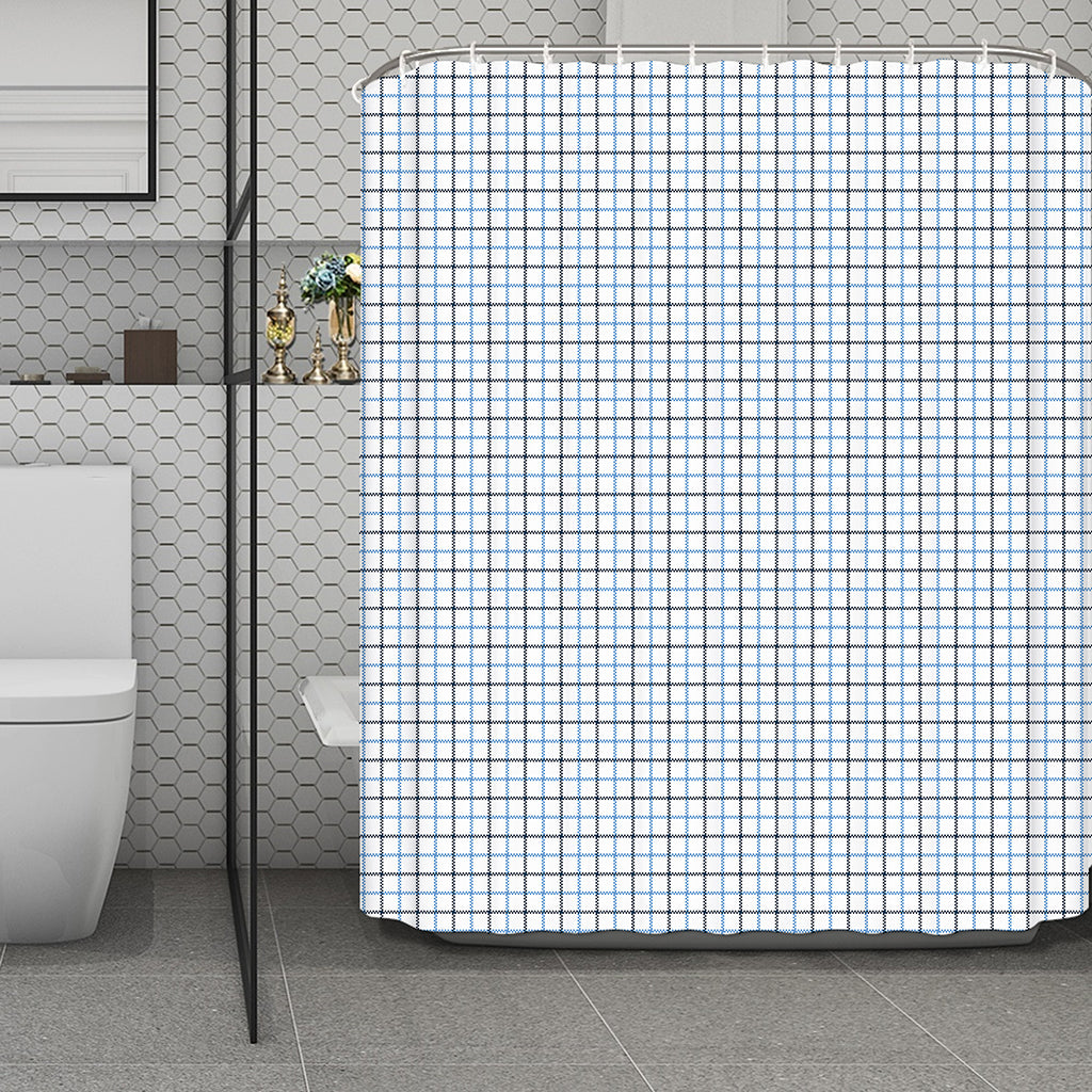 White And Blue Tattersall Pattern Print Polyester Shower Curtain