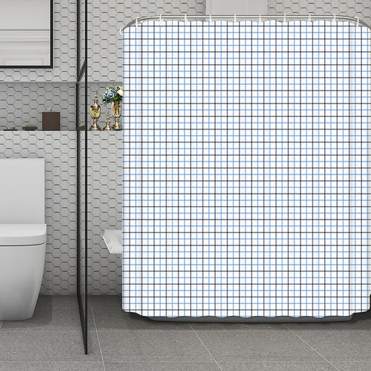 White And Blue Tattersall Pattern Print Polyester Shower Curtain