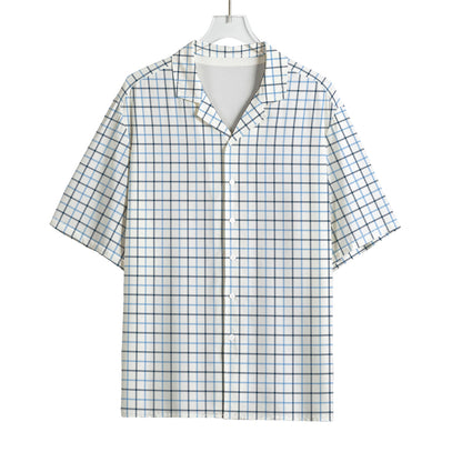 White And Blue Tattersall Pattern Print Rayon Hawaiian Shirt