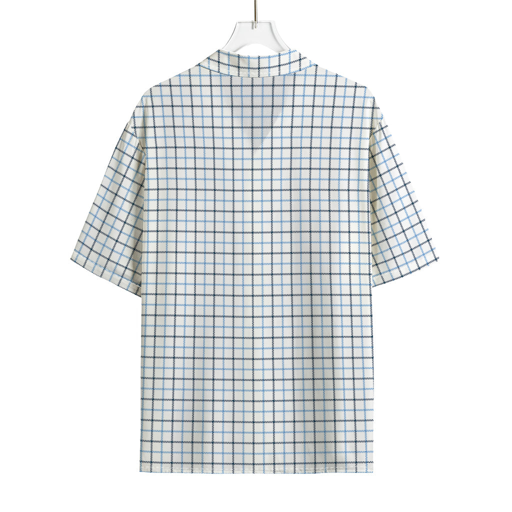 White And Blue Tattersall Pattern Print Rayon Hawaiian Shirt