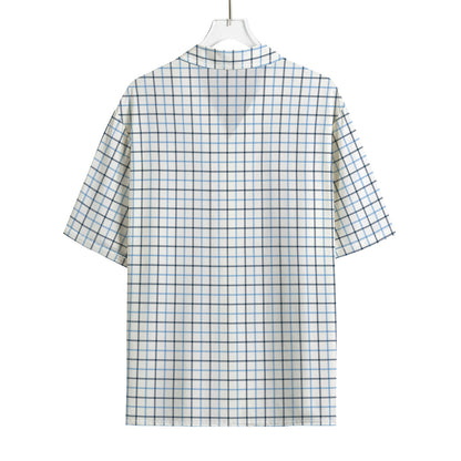 White And Blue Tattersall Pattern Print Rayon Hawaiian Shirt