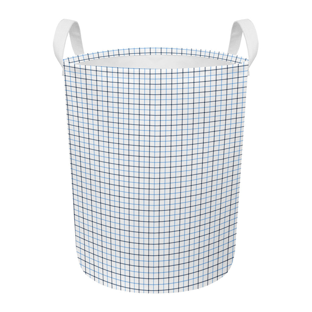 White And Blue Tattersall Pattern Print Round Laundry Basket