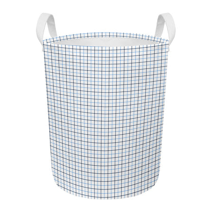 White And Blue Tattersall Pattern Print Round Laundry Basket