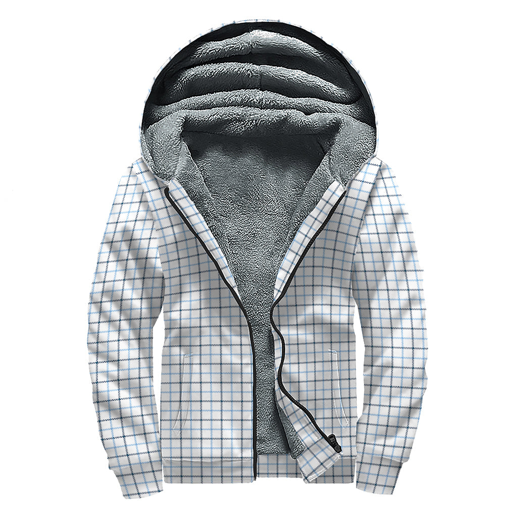 White And Blue Tattersall Pattern Print Sherpa Lined Zip Up Hoodie