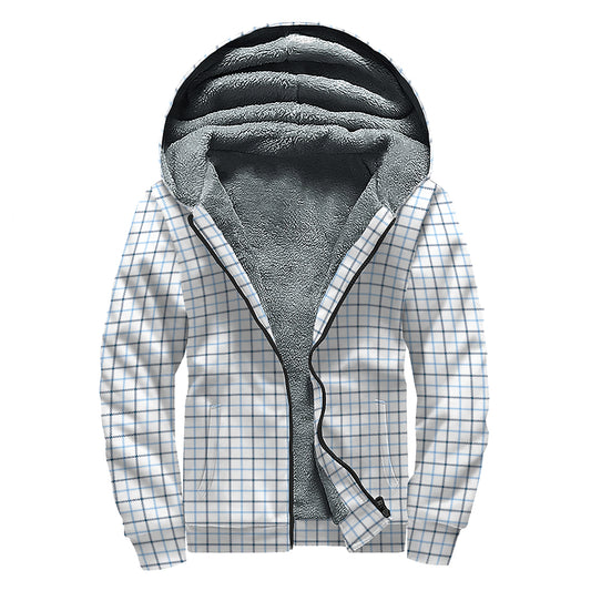 White And Blue Tattersall Pattern Print Sherpa Lined Zip Up Hoodie
