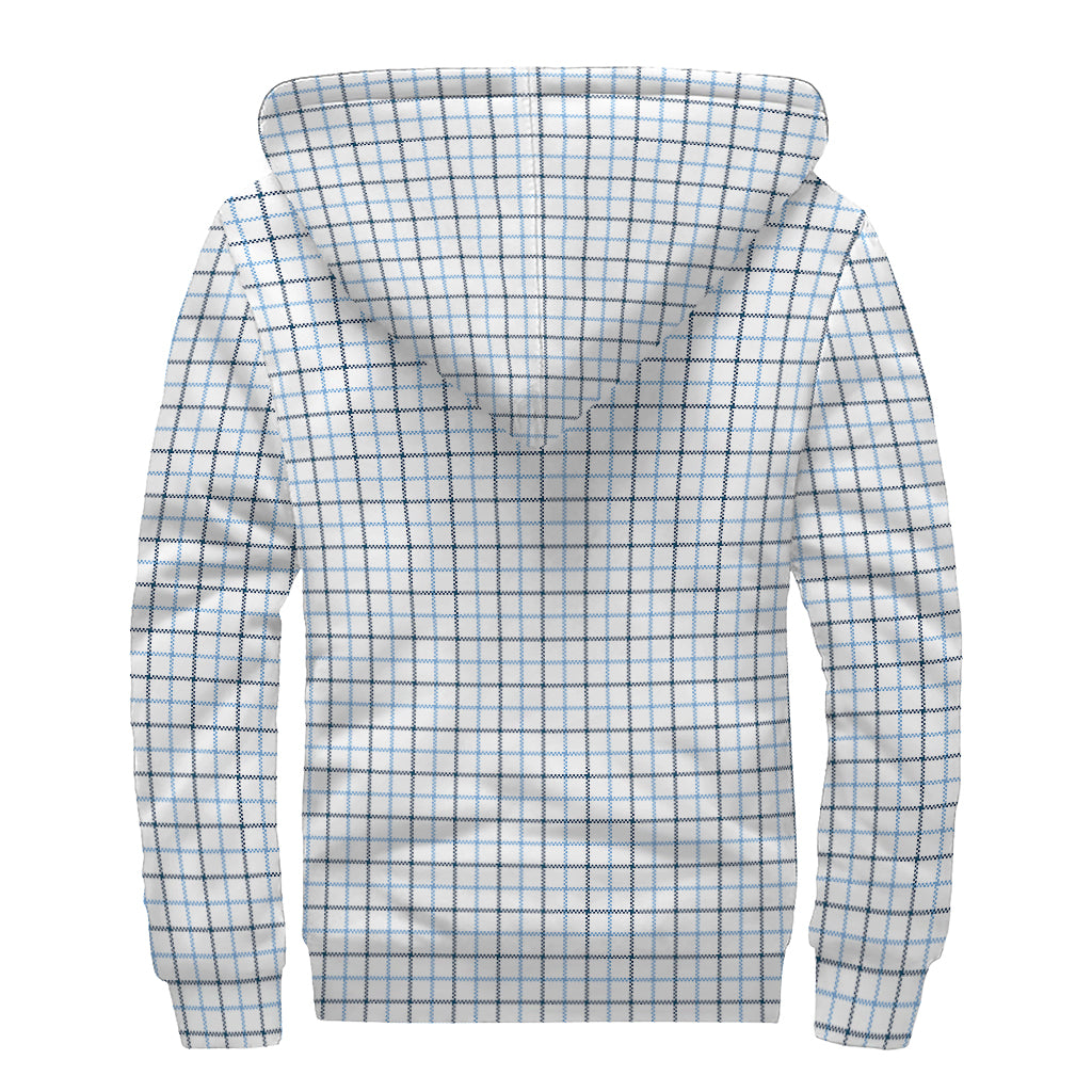 White And Blue Tattersall Pattern Print Sherpa Lined Zip Up Hoodie