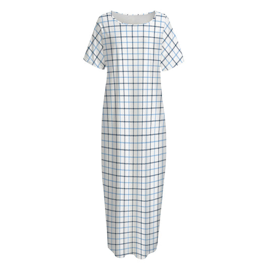 White And Blue Tattersall Pattern Print Short Sleeve Long Nightdress
