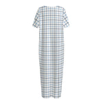 White And Blue Tattersall Pattern Print Short Sleeve Long Nightdress