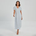 White And Blue Tattersall Pattern Print Short Sleeve Maxi Dress