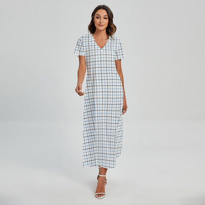 White And Blue Tattersall Pattern Print Short Sleeve Maxi Dress