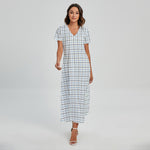 White And Blue Tattersall Pattern Print Short Sleeve Maxi Dress