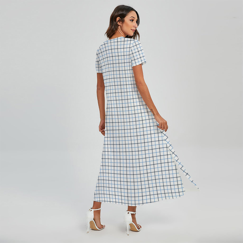 White And Blue Tattersall Pattern Print Short Sleeve Maxi Dress