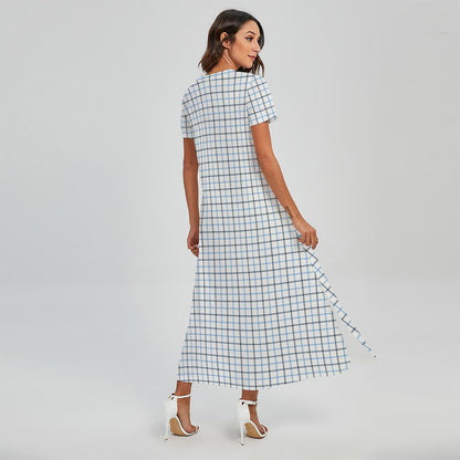 White And Blue Tattersall Pattern Print Short Sleeve Maxi Dress