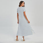 White And Blue Tattersall Pattern Print Short Sleeve Maxi Dress