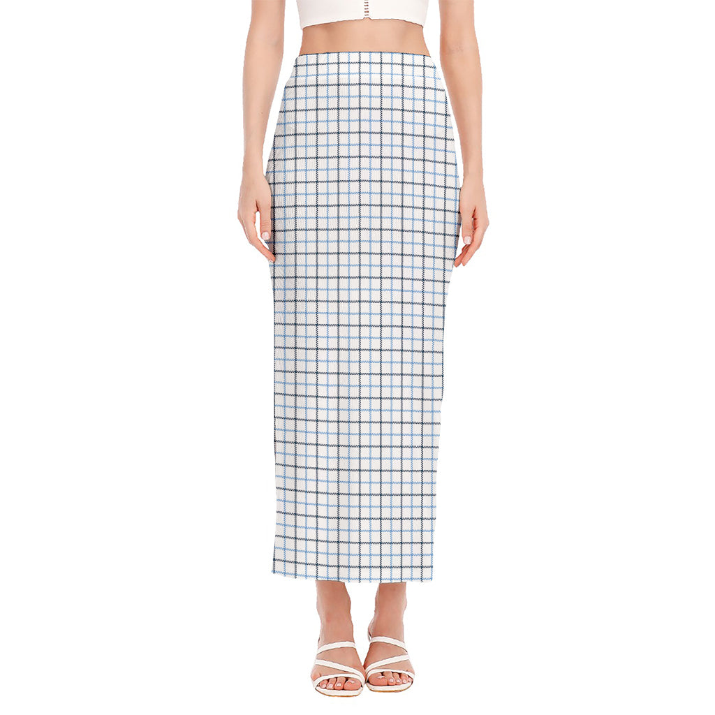 White And Blue Tattersall Pattern Print Side Slit Maxi Skirt