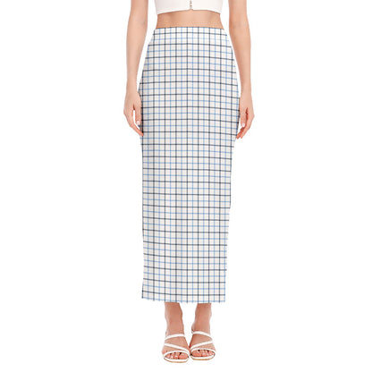 White And Blue Tattersall Pattern Print Side Slit Maxi Skirt