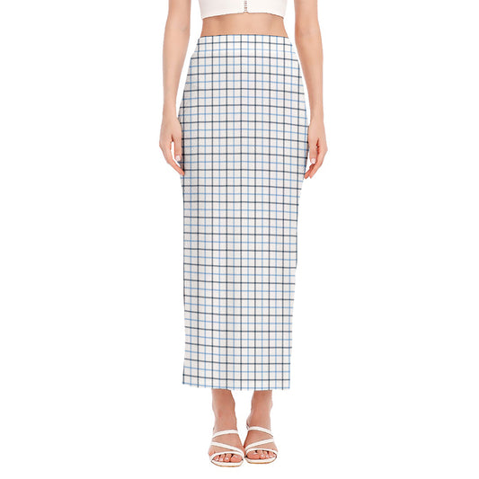 White And Blue Tattersall Pattern Print Side Slit Maxi Skirt