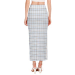 White And Blue Tattersall Pattern Print Side Slit Maxi Skirt