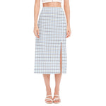 White And Blue Tattersall Pattern Print Side Slit Midi Skirt