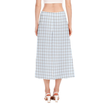 White And Blue Tattersall Pattern Print Side Slit Midi Skirt
