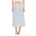 White And Blue Tattersall Pattern Print Side Slit Midi Skirt