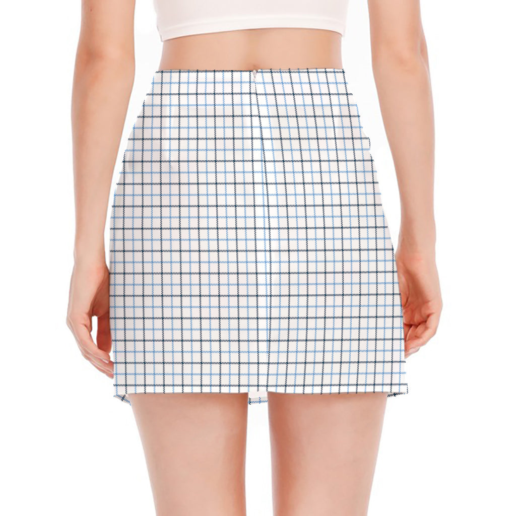 White And Blue Tattersall Pattern Print Side Slit Mini Skirt