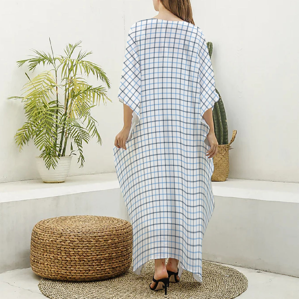 White And Blue Tattersall Pattern Print Silk V-Neck Kaftan Dress