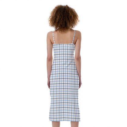 White And Blue Tattersall Pattern Print Slim Fit Midi Cami Dress