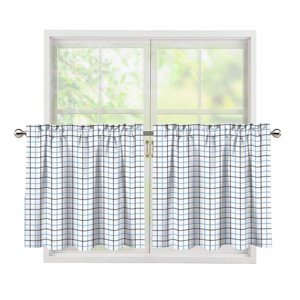 White And Blue Tattersall Pattern Print Tier Curtains