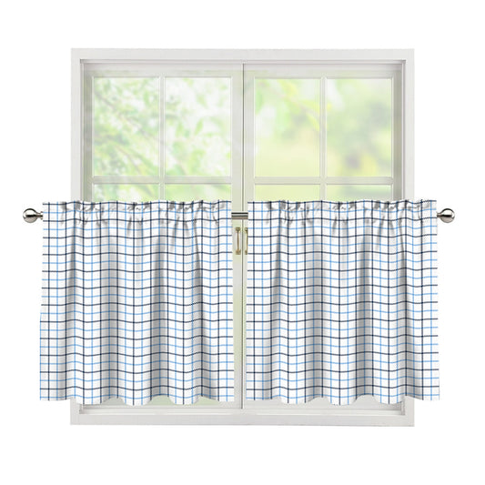 White And Blue Tattersall Pattern Print Tier Curtains