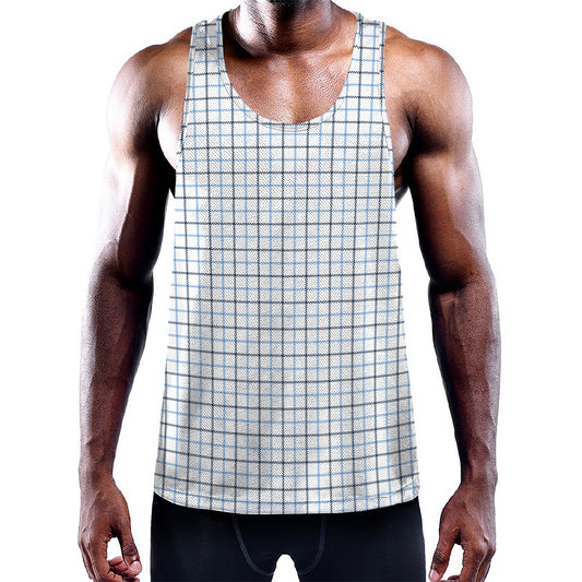 White And Blue Tattersall Pattern Print Training Tank Top