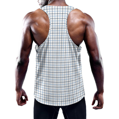 White And Blue Tattersall Pattern Print Training Tank Top