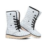 White And Blue Tattersall Pattern Print Winter Boots