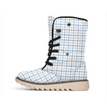 White And Blue Tattersall Pattern Print Winter Boots