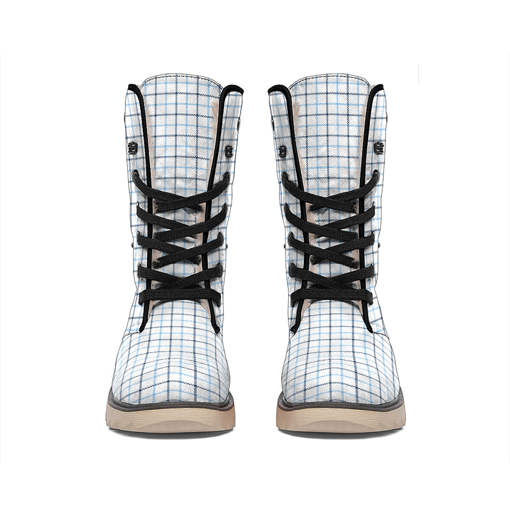 White And Blue Tattersall Pattern Print Winter Boots