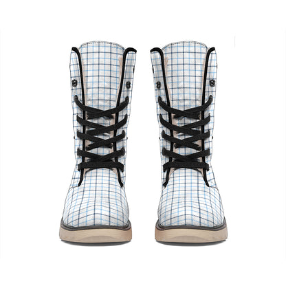White And Blue Tattersall Pattern Print Winter Boots