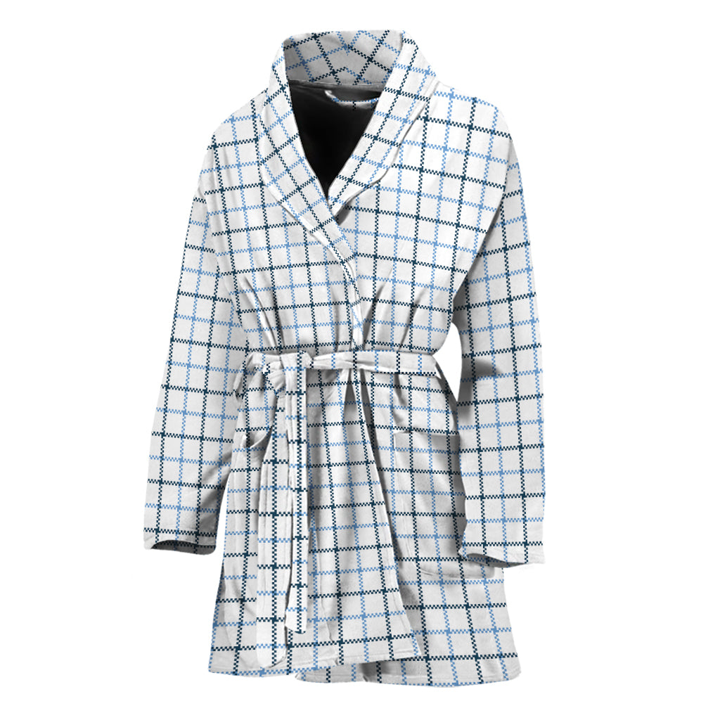 White And Blue Tattersall Pattern Print Women's Bathrobe