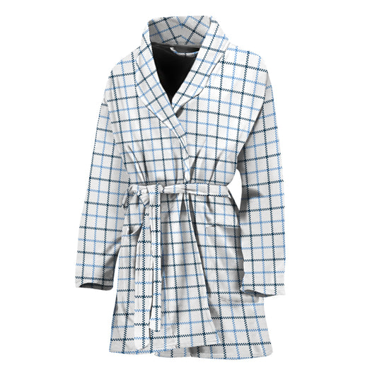 White And Blue Tattersall Pattern Print Women's Bathrobe
