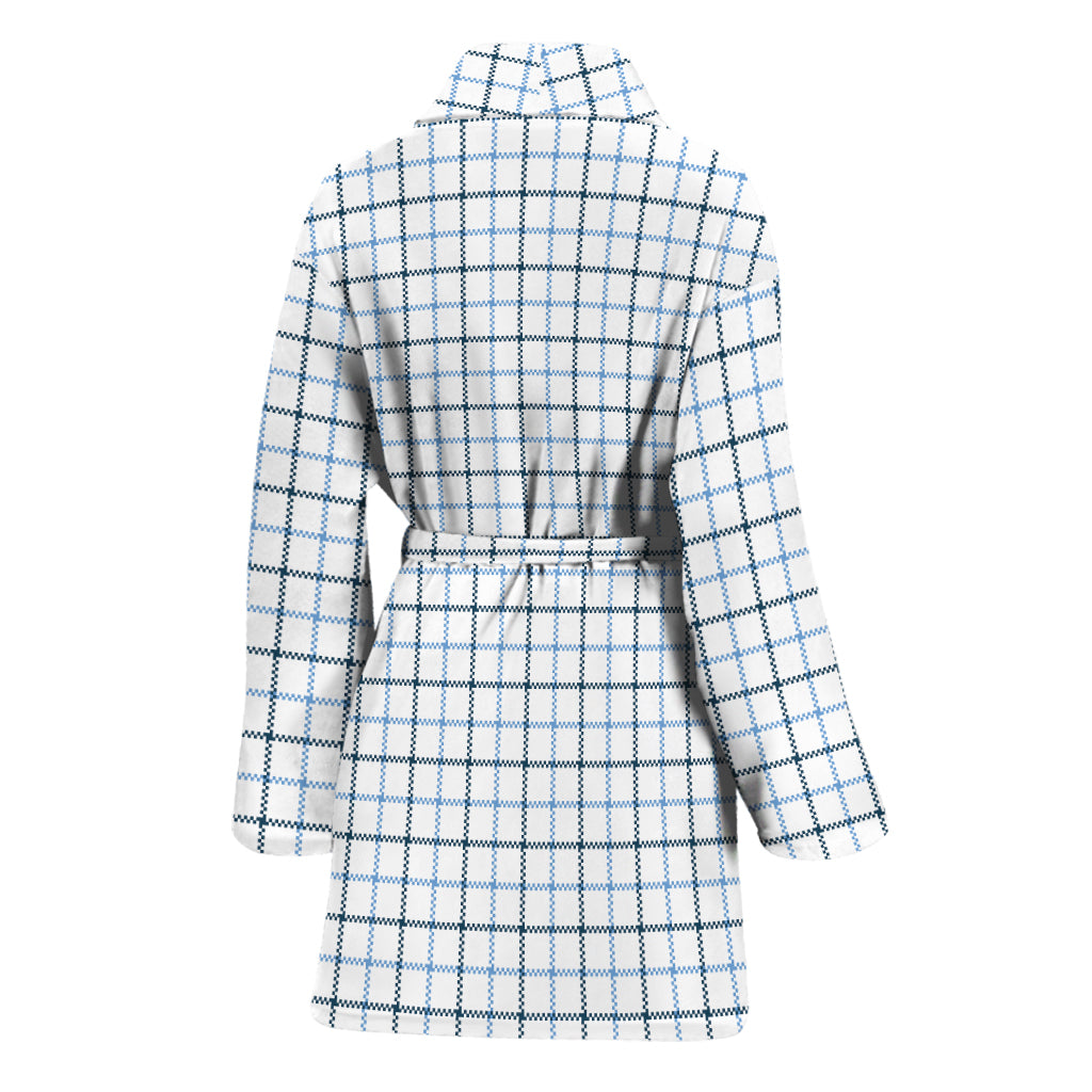 White And Blue Tattersall Pattern Print Women's Bathrobe